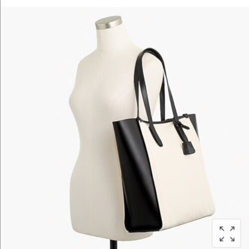 J. Crew Signet Tote Bag purse black cream EUC leather canvas